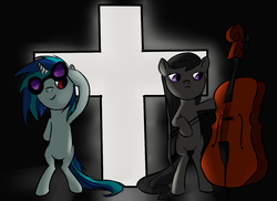 Size: 1235x900 | Tagged: safe, artist:rubrony, dj pon-3, octavia melody, vinyl scratch, g4, cross, justice (music group)