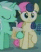 Size: 136x169 | Tagged: safe, screencap, bon bon, lyra heartstrings, sweetie drops, earth pony, pony, unicorn, g4, magic duel, animated, cup, drinking, drinking straw, female, lowres, mare, oat smoothie, ponies standing next to each other, smoothie, straw, swallowing, throat bulge