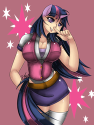 Size: 900x1200 | Tagged: safe, artist:d-xross, twilight sparkle, human, breasts, busty twilight sparkle, cleavage, cutie mark, eared humanization, female, horned humanization, humanized, solo, tailed humanization
