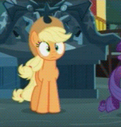 Size: 171x179 | Tagged: safe, screencap, applejack, big macintosh, rarity, twilight sparkle, earth pony, pony, unicorn, g4, magic duel, animated, big jackintosh, disguise, female, male, mare, picture for breezies, recolor, running, running in place, stallion