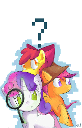 Size: 646x1000 | Tagged: safe, artist:mastercheefs, apple bloom, scootaloo, sweetie belle, earth pony, pegasus, pony, unicorn, g4, animated, cutie mark crusaders, female, hat, magnifying glass, question mark