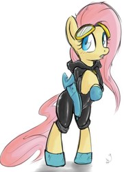 Size: 659x910 | Tagged: safe, artist:sharpy, fluttershy, pegasus, pony, g4, magic duel, bunny ears, clothes, dangerous mission outfit, female, goggles, hoodie, mare, solo, tight clothing