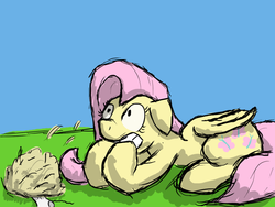 Size: 1024x768 | Tagged: safe, artist:socksthewarrior, fluttershy, pegasus, pony, g4, magic duel, biting, hoof biting, nervous, prone, solo