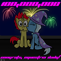 Size: 1000x1000 | Tagged: safe, artist:alexstrazse, trixie, oc, oc:sethisto, equestria daily, g4, canon x oc, kissing, milestone, milestone celebration, sethxie