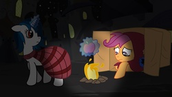 Size: 5334x3000 | Tagged: safe, artist:lulu-fong, scootaloo, oc, g4, absurd resolution, apple, cape, cardboard box, clothes, homeless