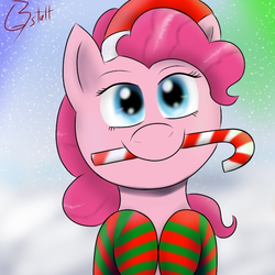 Size: 512x512 | Tagged: safe, pinkie pie, earth pony, pony, g4, candy cane, clothes, cute, female, hat, mare, mouth hold, santa hat, signature, snow, socks, striped socks