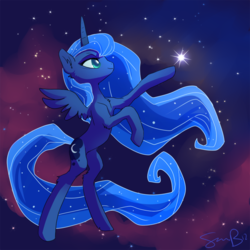Size: 800x800 | Tagged: dead source, safe, artist:sambragg, princess luna, alicorn, pony, g4, bipedal, chest fluff, closed mouth, ear fluff, ethereal mane, ethereal tail, female, leg fluff, looking at something, mare, missing accessory, pointing, rearing, smiling, solo, spread wings, stars, tail, wings