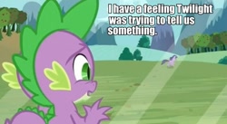 Size: 635x347 | Tagged: safe, edit, edited screencap, screencap, spike, twilight sparkle, dragon, pony, g4, magic duel, caption, dome, female, male, mare, text