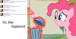 Size: 1437x733 | Tagged: safe, edit, edited screencap, screencap, pinkie pie, earth pony, pony, g4, magic duel, andrea libman, disembodied mouth, female, mare, meta, modular, mouse cursor, solo, text, trash, trash can, twitter