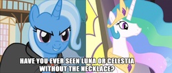 Size: 1686x720 | Tagged: safe, edit, edited screencap, screencap, princess celestia, trixie, alicorn, pony, g4, magic duel, my little pony: friendship is magic, alicorn amulet, amulet, caption, meta, necklace, theory