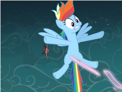 Size: 479x361 | Tagged: safe, screencap, rainbow dash, pegasus, pony, g4, magic duel, alicorn amulet, cropped, female, mare, solo, tickle beam