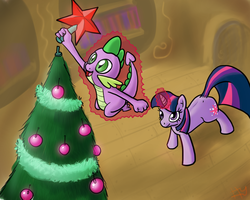 Size: 1280x1024 | Tagged: safe, artist:sharpy, spike, twilight sparkle, dragon, pony, unicorn, g4, christmas, christmas tree, female, holiday, levitation, magic, male, mare, telekinesis, tree