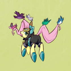 Size: 900x900 | Tagged: safe, artist:ponchuzn, fluttershy, bird, pegasus, pony, g4, magic duel, bunny ears, butt, clothes, dangerous mission outfit, female, flutterspy, goggles, hoodie, hooves, mare, ninja, plot, simple background, solo