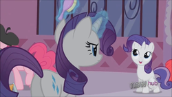 Size: 1280x720 | Tagged: safe, screencap, rarity, sweetie belle, pony, unicorn, g4, magic duel, alternate hairstyle, butt, disguise, female, filly, levitation, magic, mare, plot, raritie belle, telekinesis