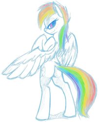 Size: 641x791 | Tagged: safe, artist:sharpy, rainbow dash, pegasus, pony, g4, bipedal, butt, female, looking at you, looking back, looking back at you, mare, plot, simple background, smiling, solo, white background