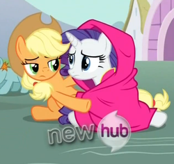 Size: 555x524 | Tagged: safe, screencap, applejack, rarity, earth pony, pony, unicorn, g4, magic duel, blanket, comforting, cropped, duo focus, female, hub logo, mare, shipping fuel