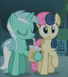 Size: 346x391 | Tagged: safe, screencap, bon bon, lyra heartstrings, sweetie drops, earth pony, pony, unicorn, g4, magic duel, animated, cup, drinking, female, mare, oat smoothie, ponies standing next to each other, smoothie, straw