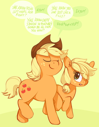 Size: 967x1241 | Tagged: dead source, safe, artist:zonkpunch, applejack, big macintosh, earth pony, pony, g4, magic duel, big jackintosh, dialogue, disguise, male, recolor, stallion