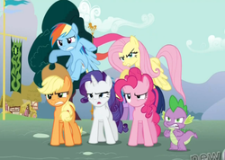 Size: 573x407 | Tagged: safe, screencap, applejack, fluttershy, pinkie pie, rainbow dash, rarity, spike, g4, magic duel, my little pony: friendship is magic, angry