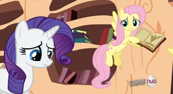 Size: 851x467 | Tagged: safe, screencap, fluttershy, rarity, g4, magic duel, my little pony: friendship is magic, book, golden oaks library, sad