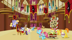 Size: 851x469 | Tagged: safe, screencap, applejack, carrot cake, cloud kicker, cup cake, fluttershy, mayor mare, pumpkin cake, rainbow dash, rarity, trixie, earth pony, pegasus, pony, unicorn, g4, magic duel, apron, baby, baby pony, banner, cage, cruel, dictatorship, enslaved, father and child, father and daughter, female, filly, foal, forced, hoof in mouth, husband and wife, male, mare, miserable, mother and child, mother and daughter, mouth hold, ponyville town hall, pulling, pushing, raised eyebrow, sin of greed, sin of pride, stallion, throne, town hall