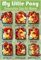 Size: 692x1000 | Tagged: safe, artist:anniemsson, oc, g1, g3, g3.5, my little pony tales, art meme, comparison