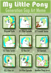 Size: 900x1301 | Tagged: safe, artist:ellisarts, oc, g1, g3, g3.5, my little pony tales, art meme, comparison