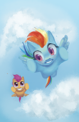 Size: 750x1156 | Tagged: safe, artist:blu-red, rainbow dash, scootaloo, g4, scootaloo can fly