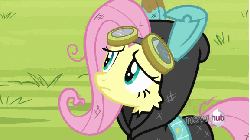 Size: 576x324 | Tagged: safe, screencap, fluttershy, bird, pegasus, pony, g4, magic duel, season 3, animated, bunny ears, clothes, cute, dangerous mission outfit, female, gif, goggles, hoodie, mare, shirt, solo, undershirt
