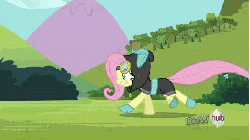 Size: 576x324 | Tagged: safe, screencap, fluttershy, bird, pegasus, pony, g4, magic duel, season 3, animated, bunny ears, carrying, clothes, dangerous mission outfit, female, gif, goggles, hoodie, mare, solo