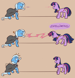 Size: 1089x1131 | Tagged: safe, artist:secret-pony, trixie, twilight sparkle, earth pony, pony, g4, magic duel, alicorn amulet, comic, confused, earth pony trixie, expelliarmus, harry potter (series), magic, race swap, reference, shocked, smug, smuglight sparkle