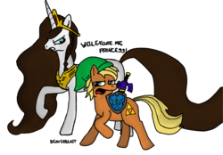 Size: 2815x1959 | Tagged: safe, artist:beaverblast, annoying, cartoon, hylian shield, link, master sword, parody, ponified, princess zelda, shield, simple background, sword, the legend of zelda, the legend of zelda cartoon, weapon, well excuse me princess