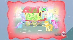 Size: 1178x653 | Tagged: safe, screencap, berry punch, berryshine, carrot top, golden harvest, shoeshine, trixie, earth pony, pony, unicorn, g4, magic duel, arrow, aura, baby, baby bottle, bottle, bully, bullying, cape, clothes, cross off, crossed, cruel, crybaby, crying, decoration, egg (food), female, food, graffiti, green, green paint, group, hat, hub logo, laughing, logo, magic, magic aura, mare, mean, meanie, milk bottle, paint, pelt, ponyville, produce pelting, quartet, sad, sadness, sharp teeth, sparkles, spray paint, swirl, taunt, taunting, teasing, teeth, the hub, tomato, tomatoes, trixie's cape, trixie's hat, trixie's wagon, trixiebuse, vandalism, wagon, woobie
