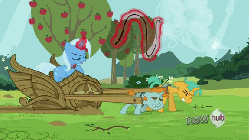 Size: 576x324 | Tagged: safe, screencap, snails, snips, trixie, pony, unicorn, g4, magic duel, alicorn amulet, animated, apple tree, bucktooth, bullwhip, chariot, colt, eyes closed, female, foal, glowing horn, harness, horn, magic, male, mare, pulling, slavery, straining, tack, telekinesis, that pony sure does hate wheels, tree, whip, whipping