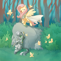 Size: 1000x1000 | Tagged: safe, artist:samaerro, fluttershy, oc, oc:patrick poe, butterfly, zebra, g4, flute, forest, musical instrument