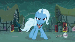 Size: 576x324 | Tagged: safe, screencap, trixie, pony, unicorn, g4, magic duel, season 3, angry, animated, female, gif, gritted teeth, hub logo, jewelry, lightning, male, necklace, ponyville, red eyes, solo, teeth