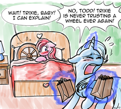 Size: 800x720 | Tagged: safe, artist:zicygomar, trixie, oc, oc:todd, unnamed oc, pony, unicorn, g4, magic duel, adultery, bed, blushing, cargo ship, caught, crying, don't trust wheels, duo, eyes closed, female, floppy ears, headcanon, heart, implied sex, infidelity, levitation, magic, mare, open mouth, paper bag, pillow, pinecone, raised hoof, telekinesis, wat, wheel, wheels trixie, wide eyes