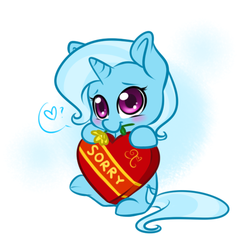 Size: 500x500 | Tagged: artist needed, safe, trixie, pony, g4, magic duel, chibi, cute, diatrixes, flower, heart, sorry