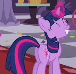 Size: 510x498 | Tagged: safe, screencap, twilight sparkle, pony, unicorn, a canterlot wedding, g4, butt, confetti, cropped, cute, female, happy, mare, plot, solo, twiabetes, twibutt, unicorn twilight