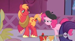 Size: 1177x649 | Tagged: safe, screencap, big macintosh, pinkie pie, earth pony, pony, g4, magic duel, female, male, mare, no mouth, painting, stallion