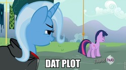 Size: 763x425 | Tagged: safe, edit, edited screencap, screencap, trixie, twilight sparkle, pony, unicorn, g4, magic duel, bedroom eyes, butt, caption, dat ass, female, image macro, lesbian, looking at butt, mare, meme, out of context, plot, ship:twixie, shipping