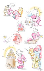 Size: 1000x1600 | Tagged: safe, artist:keentao, carrot cake, cup cake, igneous rock pie, pinkie pie, g4, beard, book, chef's hat, comic, cookbook, crocque-en-bouche, croquembouche, female, hat, male, moustache, rock, ship:carrot cup, shipping, straight, younger