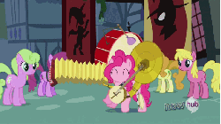 Size: 576x324 | Tagged: safe, screencap, berry punch, berryshine, carrot top, cherry berry, daisy, flower wishes, golden harvest, pinkie pie, earth pony, pony, g4, magic duel, season 3, accordion, animated, banjo, bass drum, female, gif, musical instrument, no hands, no mouth, no nose, one-pony band, sousaphone