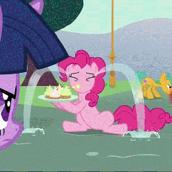 Size: 512x512 | Tagged: safe, screencap, pinkie pie, snails, twilight sparkle, g4, magic duel, animated, crying, cupcake, loop, no mouth, no nose, ocular gushers