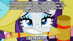 Size: 1028x578 | Tagged: safe, edit, edited screencap, screencap, rarity, pony, g4, sweet and elite, croquet mallet, female, image macro, mouth hold, overanalyzing, racism, solo, sweat
