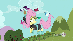 Size: 576x324 | Tagged: safe, screencap, fluttershy, bird, pegasus, pony, g4, magic duel, season 3, animated, bunny ears, clothes, dangerous mission outfit, female, gif, goggles, hoodie, mare, reversed, solo