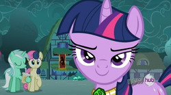 Size: 1280x712 | Tagged: safe, screencap, bon bon, lyra heartstrings, sweetie drops, twilight sparkle, g4, magic duel, drinking lyra, lidded eyes, out of context