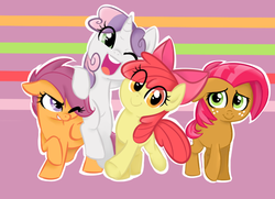 Size: 629x456 | Tagged: safe, artist:jessy, apple bloom, babs seed, scootaloo, sweetie belle, earth pony, pegasus, pony, unicorn, cutie mark crusaders