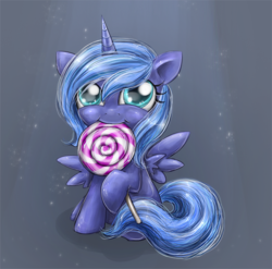 Size: 800x790 | Tagged: safe, artist:munadrake, princess luna, pony, g4, cute, female, filly, lollipop, lunabetes, sitting, solo, woona