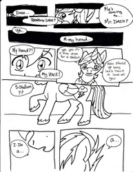 Size: 2552x3312 | Tagged: safe, artist:tristanjsolarez, rainbow dash, pegasus, pony, unicorn, comic:trans ponies, g4, black and white, comic, grayscale, male, monochrome, nudity, rainbow blitz, rule 63, sheath, stallion